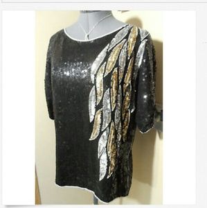 JOSEPH LE BON 100% Silk Sequin Top M Black Leaves Vintage